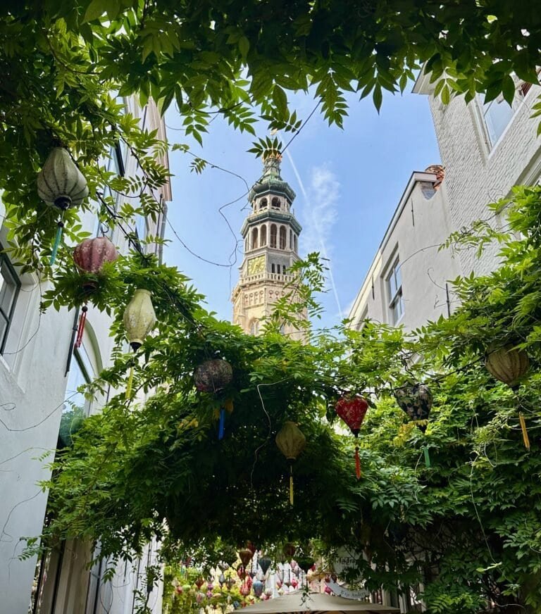 Blick aus einer Gasse durch Efeulauben auf den Kirchturm mit blauem Himmel