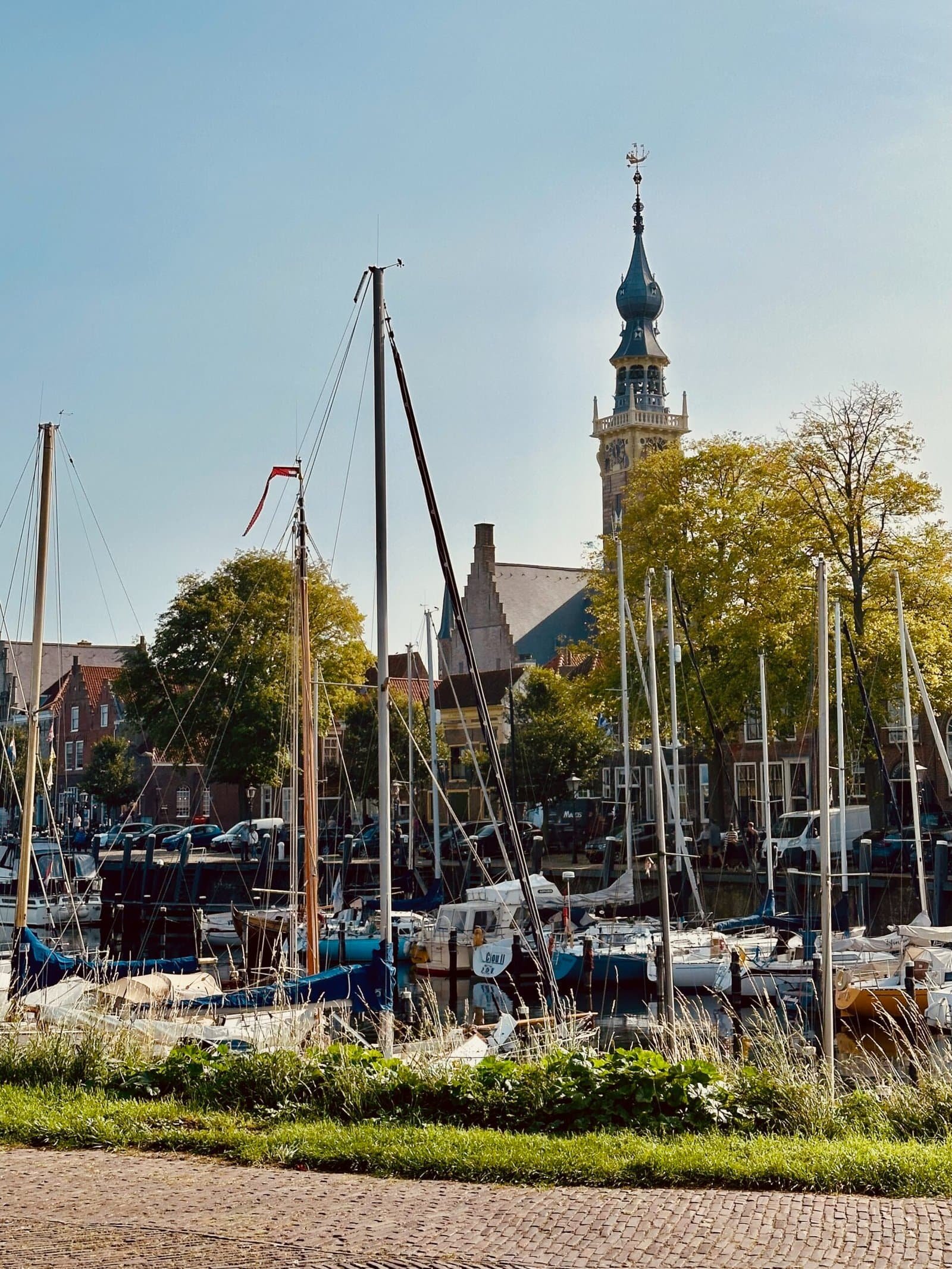 Blick über den Hafen auf das Zentrum von Veere und dessen Kirchturm mit Segelbooten im Vordergrund