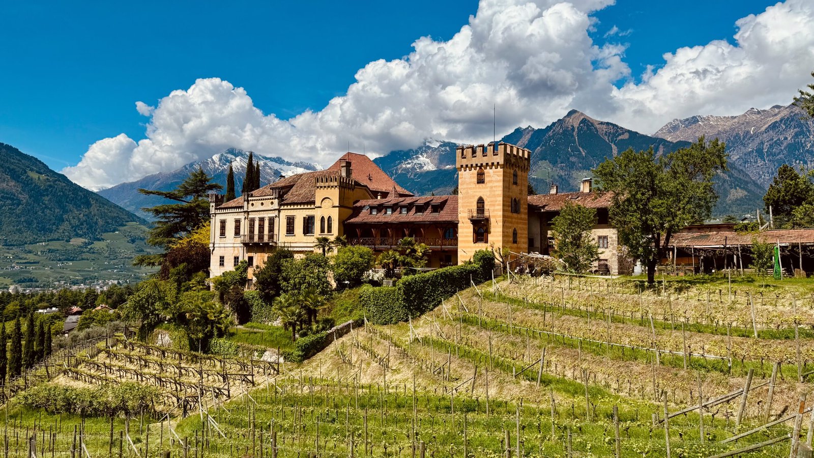 Blick auf das Weingut Schloß Rametz in Meran mit Berglandschaft und verschneiten Gipfel im Hintergrund